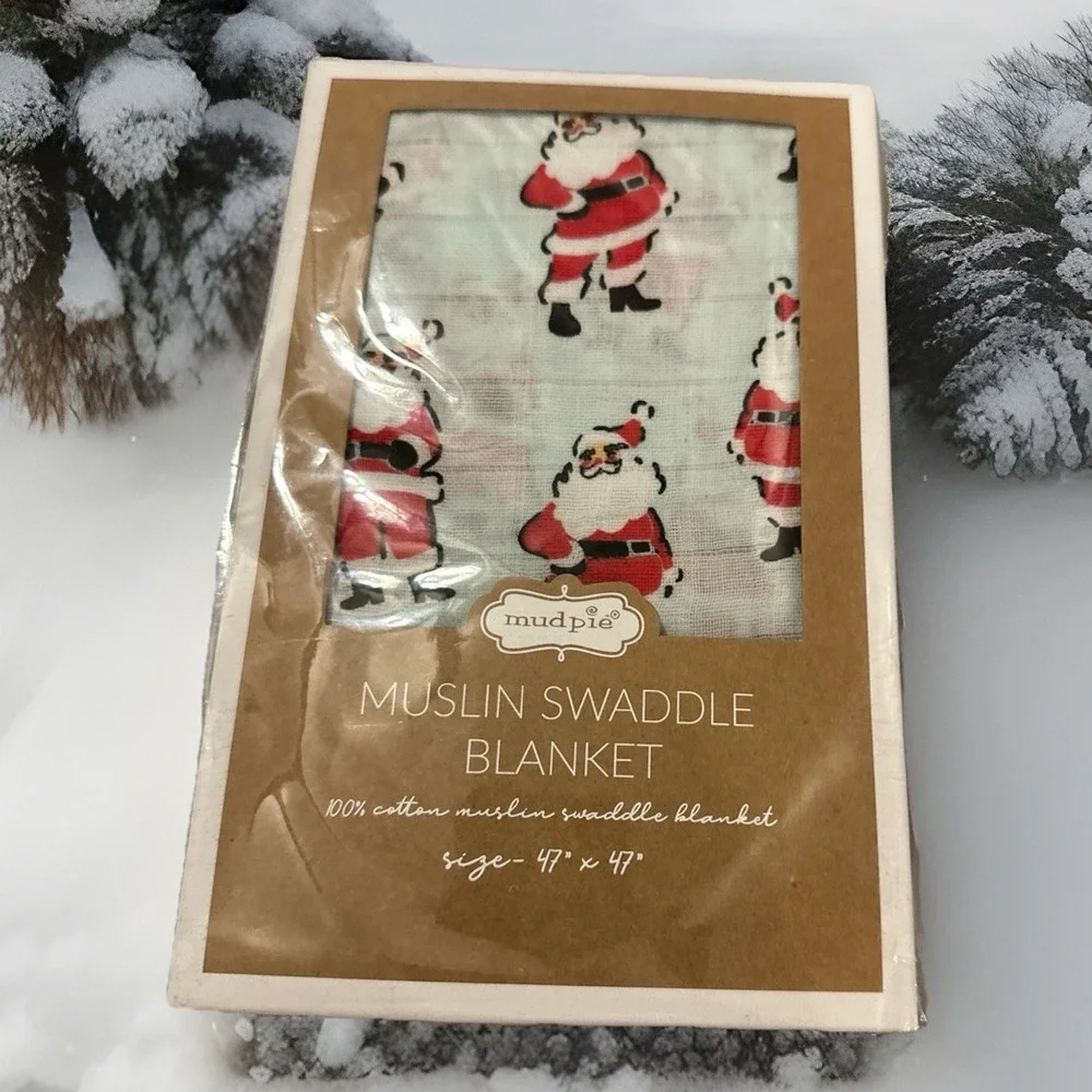 Mud Pie Christmas Vintage Santa Print‎ Muslim Swaddle Blanket NEW NWT 47x47